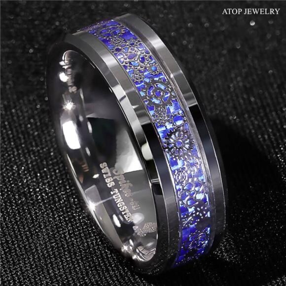 Men's Wedding Band Ring with Clockwork Gears and Blue Carbon Fiber - Picture 5 of 6